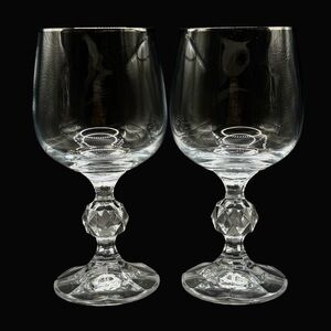 VTG‎ Claudia Bohemia Crystal Wine Glasses Platinum Rim 5.75" Faceted Stem (2)
